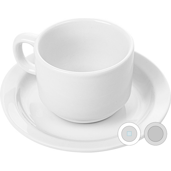 Witte porseleinen koffiekopjes en schotels